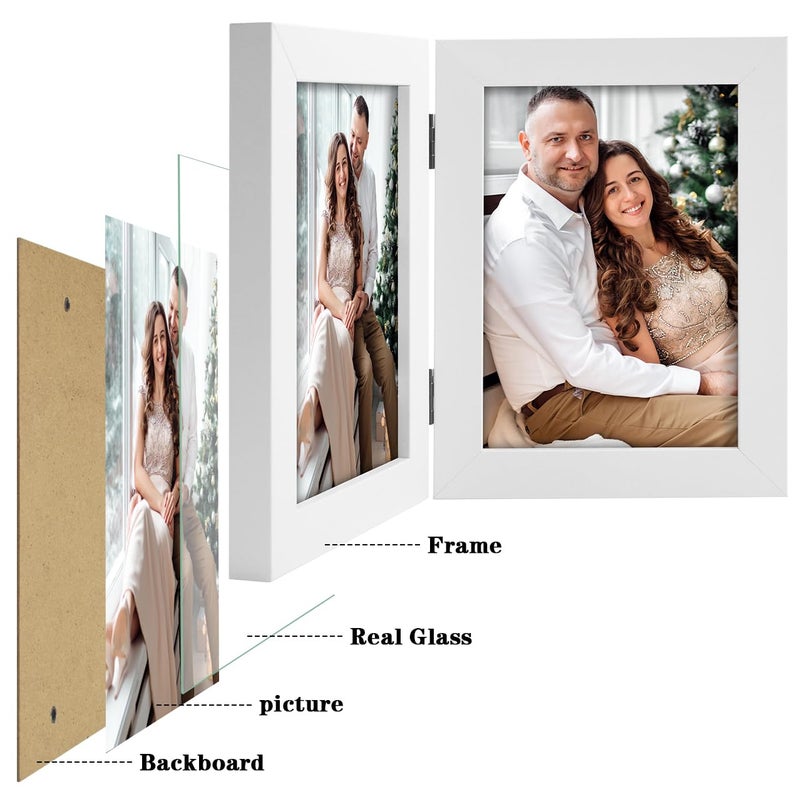 Frametory, 5x7 Double Picture Frame - Real Glass Hinged 2 Photos Collage, Desktop Picture Frame Standing Vertical (White, 1 Pack) - Image 5